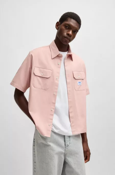 Oversized-fit shirt in cotton twill with logo patch