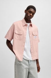 Oversized-fit shirt in cotton twill with logo patch, light pink