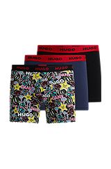 Three-pack of stretch-cotton boxer briefs with logos, Black  /  Blue