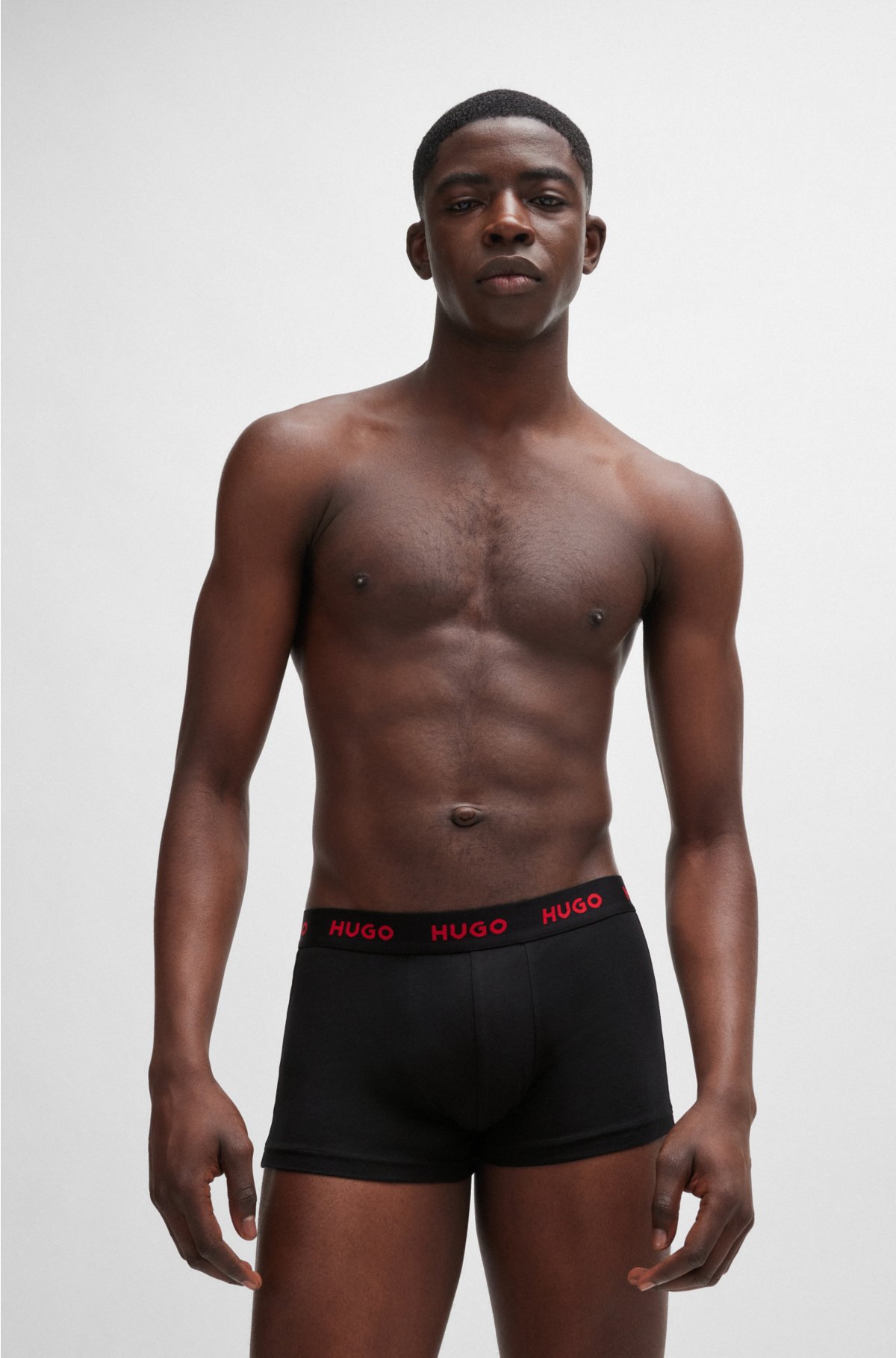 Three-pack of stretch-cotton trunks with logo waistbands, Black / Dark Grey / Red