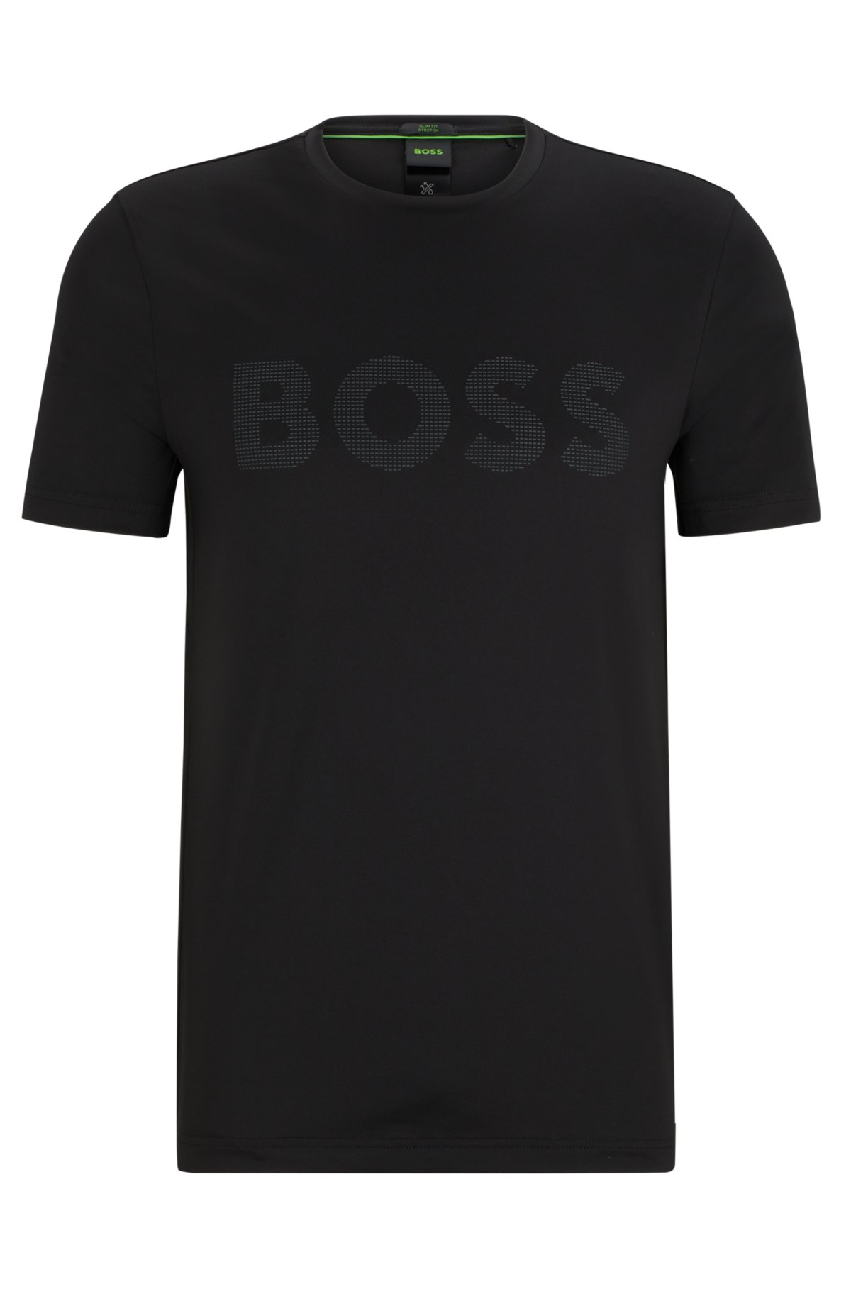 Performance-stretch T-shirt with decorative reflective logo, Black
