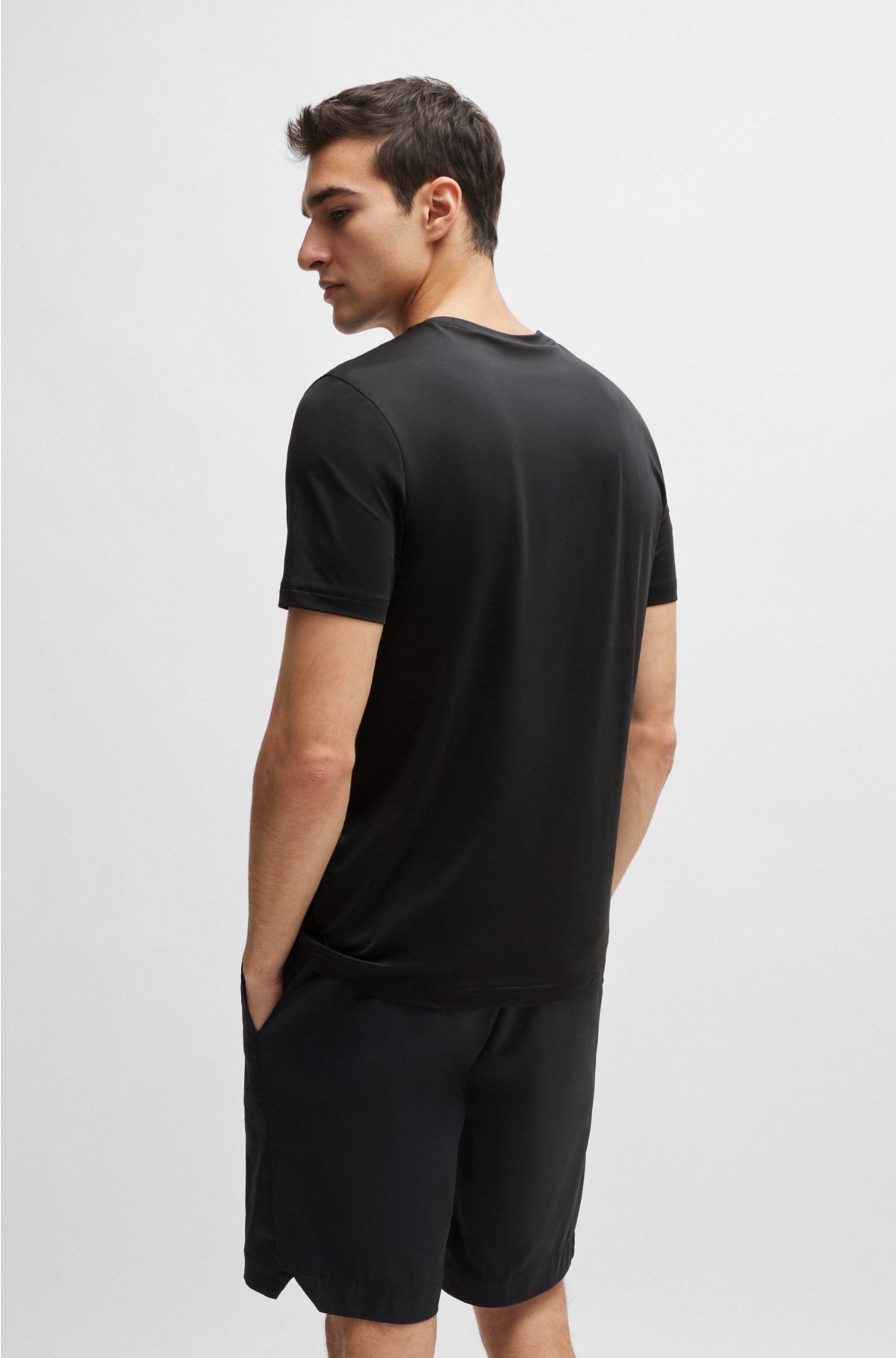 Performance-stretch T-shirt with decorative reflective logo, Black