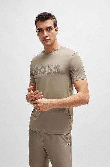 Performance-stretch T-shirt with decorative reflective logo, Beige