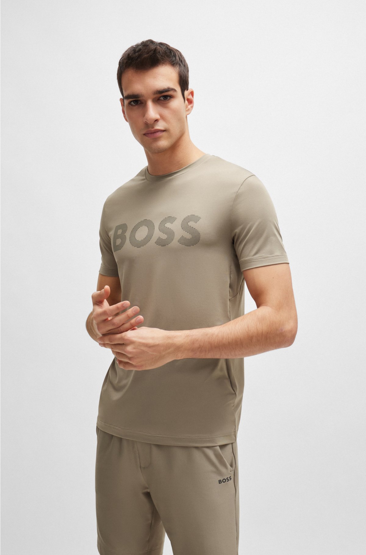 Performance-stretch T-shirt with decorative reflective logo, Beige