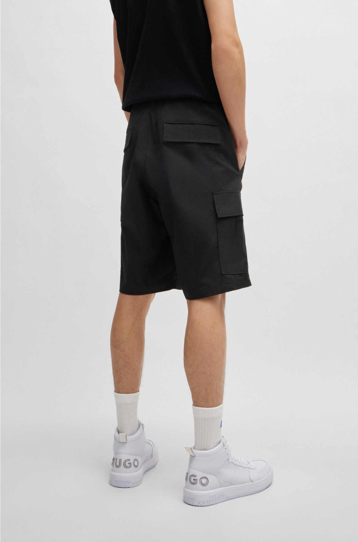 Structured-cotton shorts with drawstring and logo patch, Black