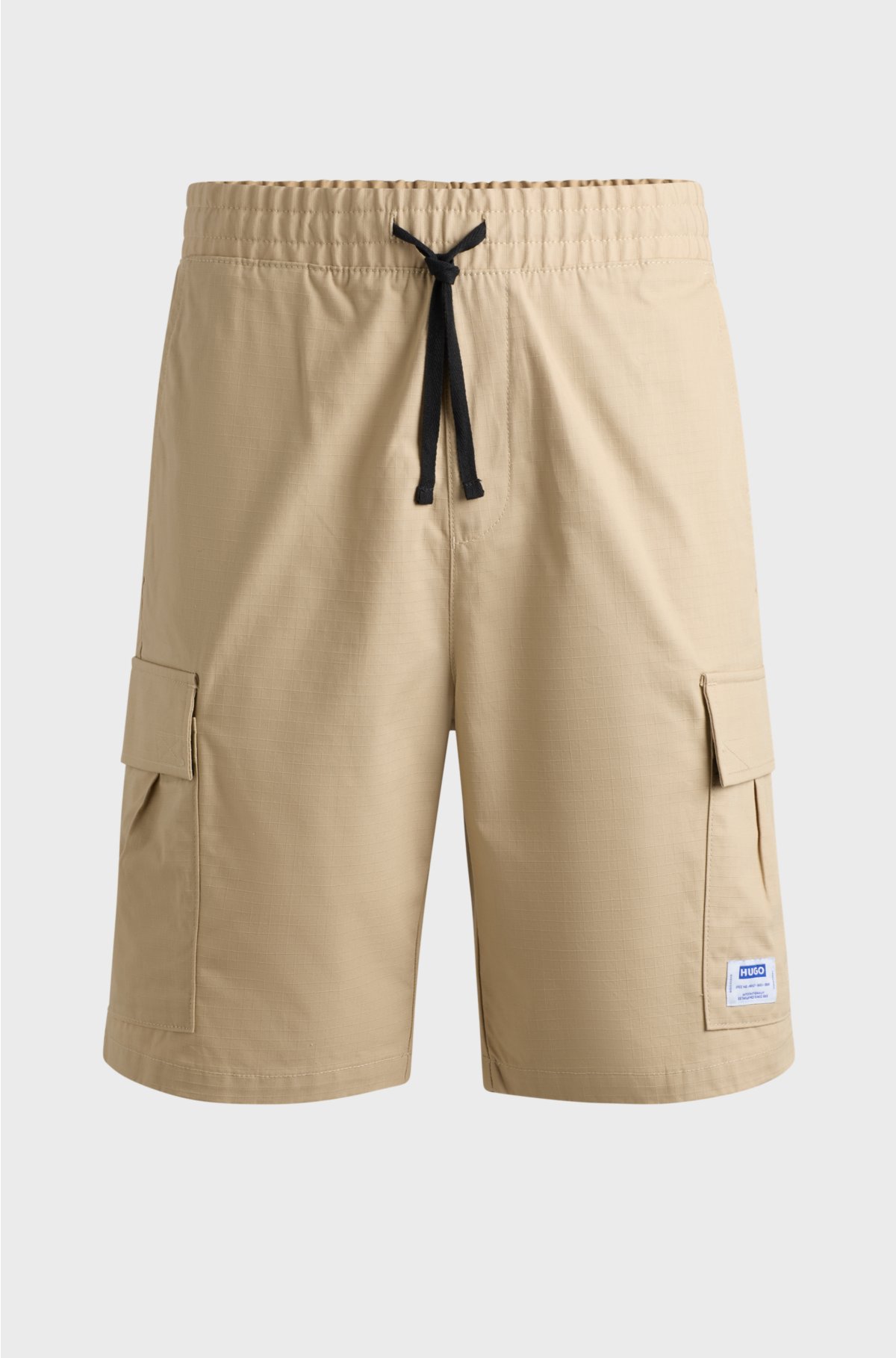Structured-cotton shorts with drawstring and logo patch, Beige