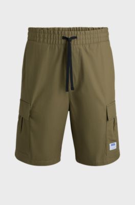 Structured-cotton shorts with drawstring and logo patch, Olive