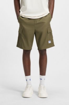 Structured-cotton shorts with drawstring and logo patch, Olive