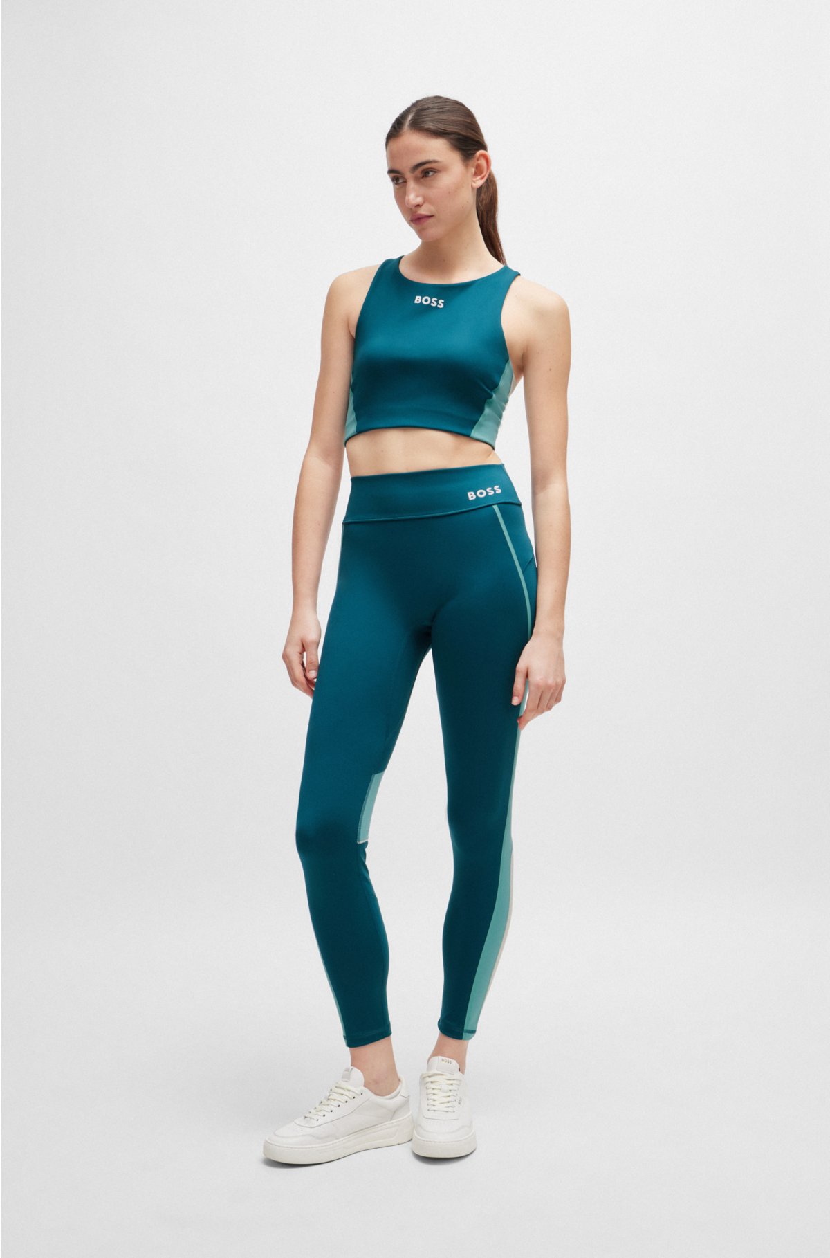Slim-fit leggings with side stripes and logo detail, Petrol