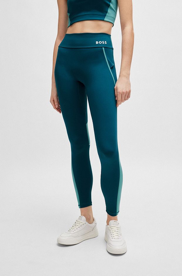 Slim fit leggings med sidestriber og logo, Grøn