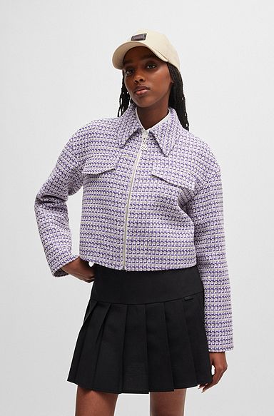 Relaxed-fit cropped jacket in a bouclé cotton blend, Purple Patterned