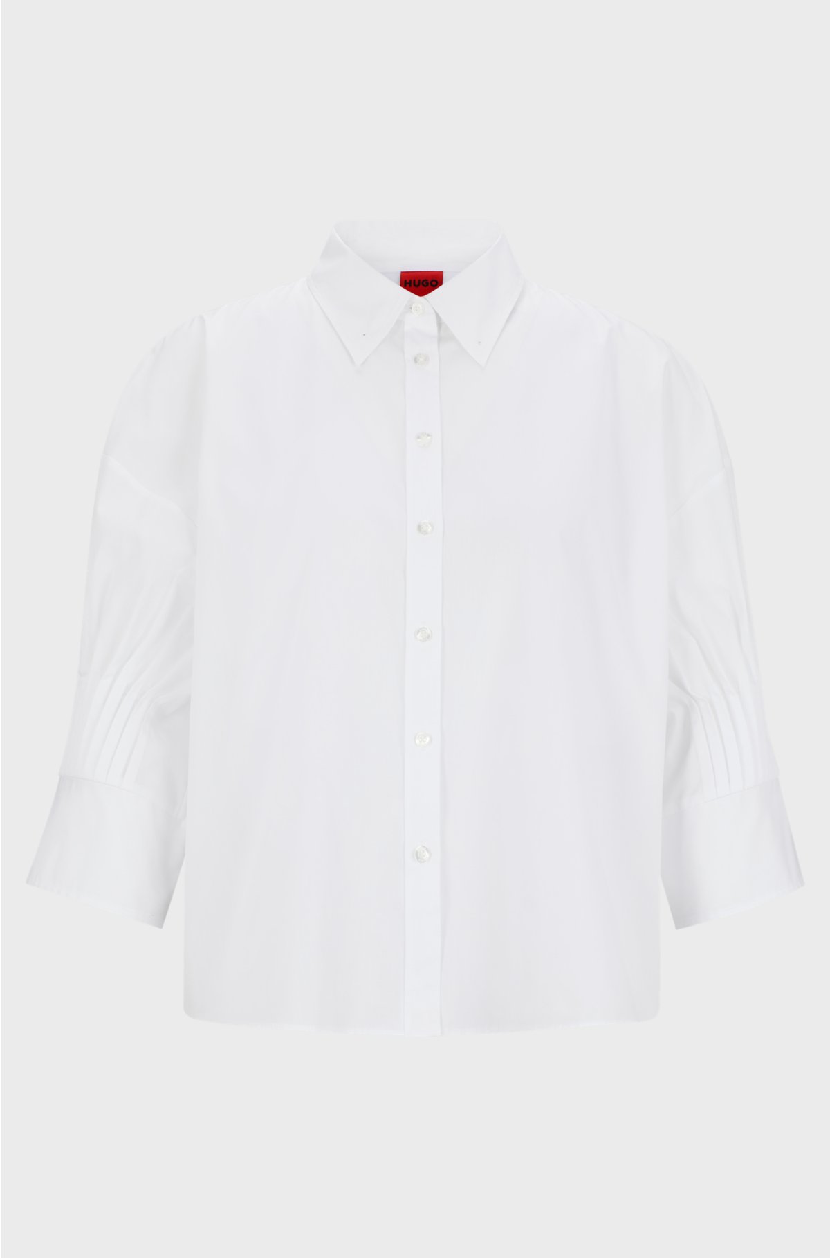 Regular-fit blouse in cotton poplin with pleated sleeves, White