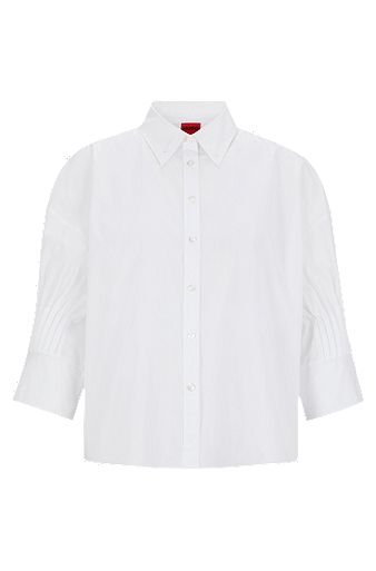 Regular-fit blouse in cotton poplin with pleated sleeves, White