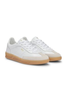 Leather lace-up trainers with suede trims, White