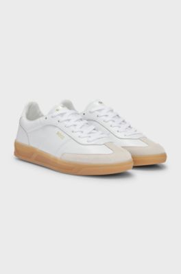 Leather lace-up trainers with suede trims, White