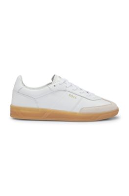 Leather lace-up trainers with suede trims, White