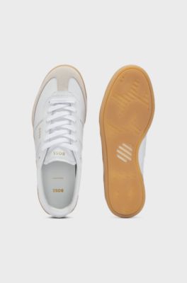 Leather lace-up trainers with suede trims, White