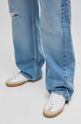 Leather lace-up trainers with suede trims, White