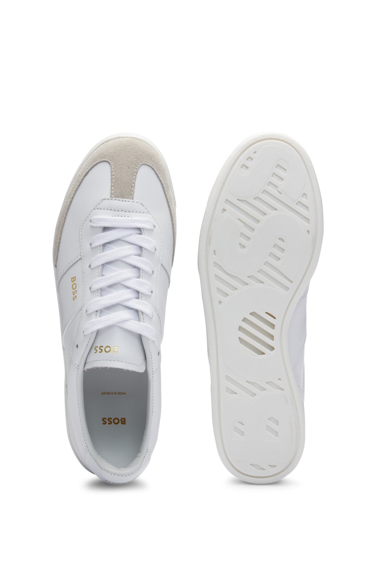 Leather lace-up trainers with suede trims, White