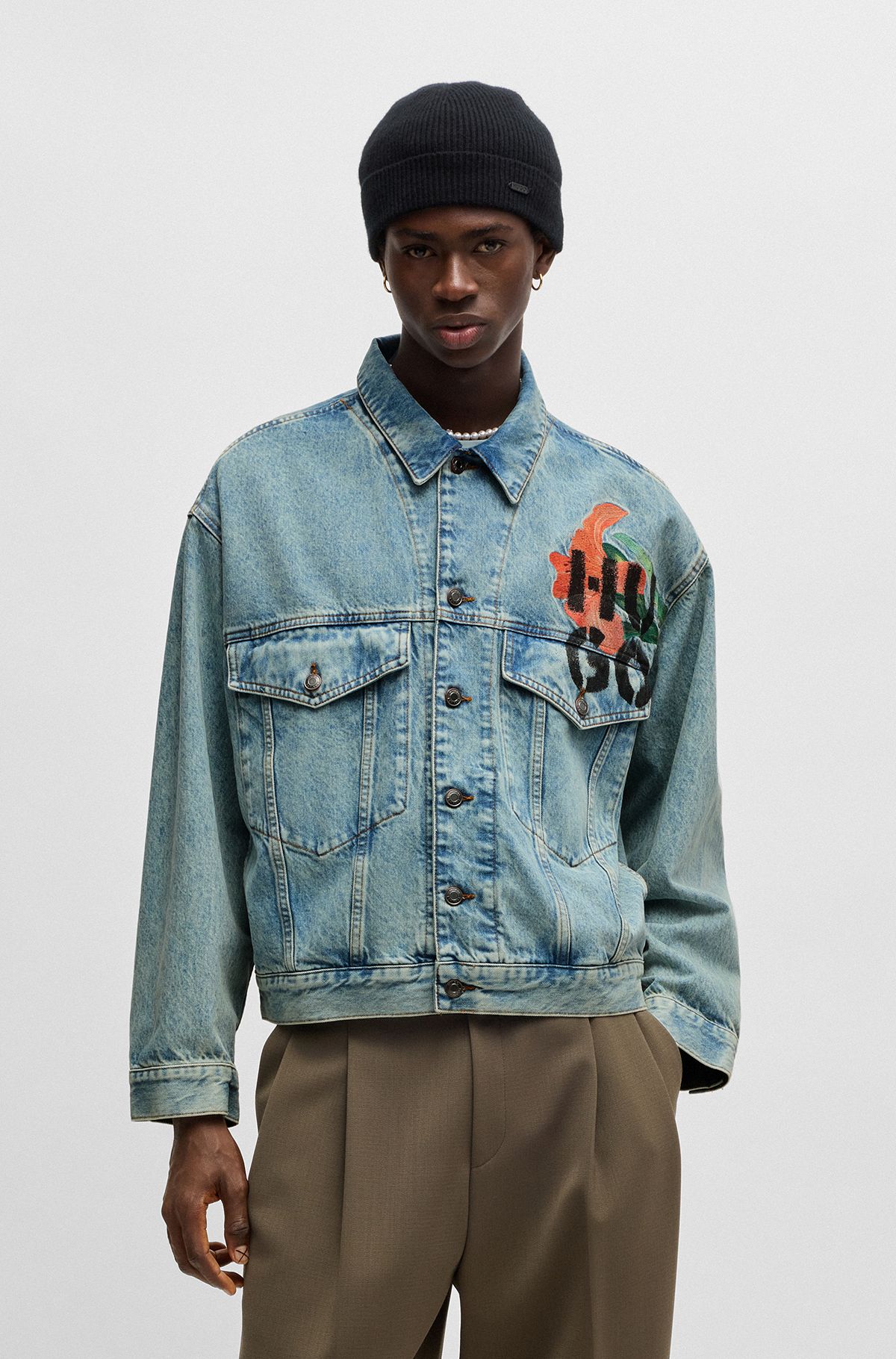 Regular-fit jacket in rigid denim with logo prints, Turquoise