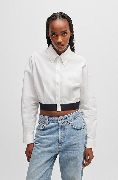 Relaxed-fit blouse with contrast branded waistband, White