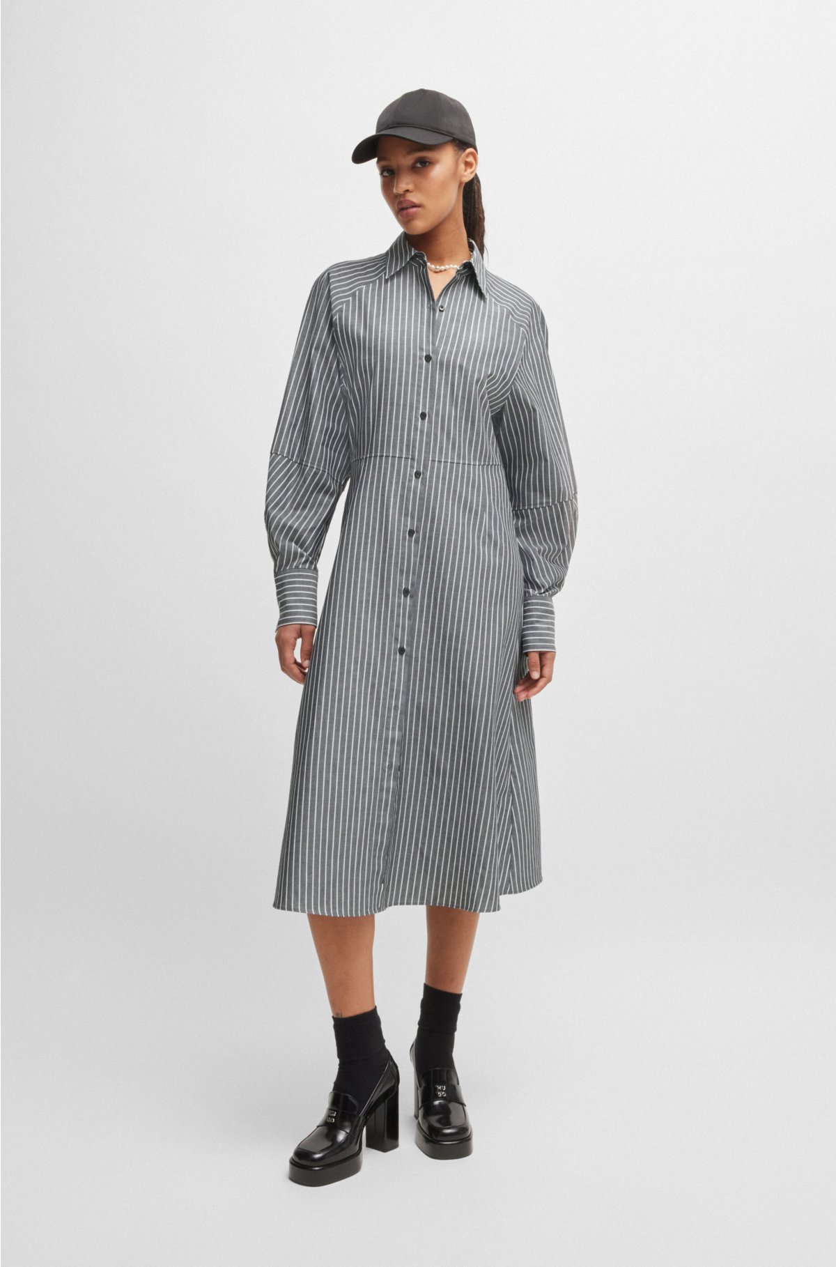 Long-sleeved shirt dress in striped cotton twill, Grey Patterned