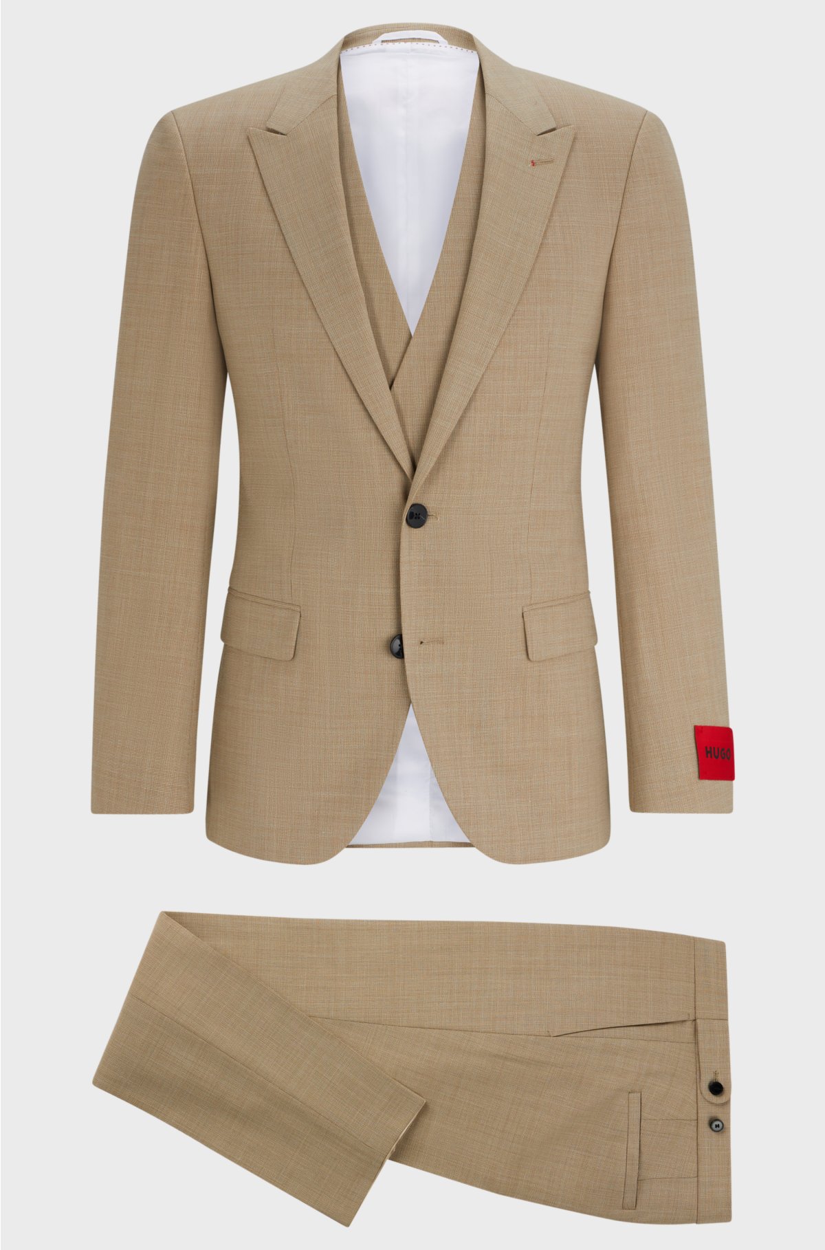 Three-piece slim-fit suit in patterned stretch cloth, Beige