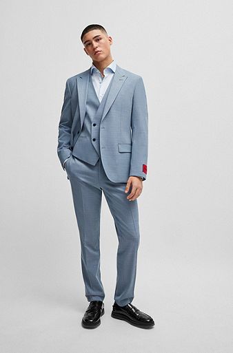 Three-piece slim-fit suit in patterned stretch cloth, Blue