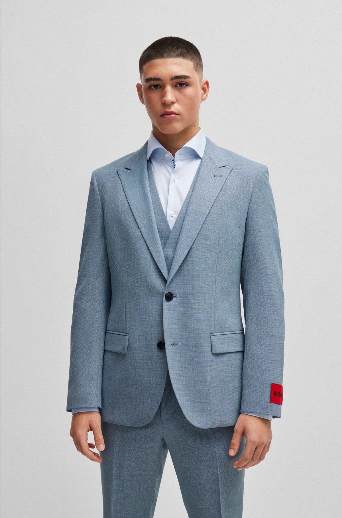 Three-piece slim-fit suit in patterned stretch cloth, Blue