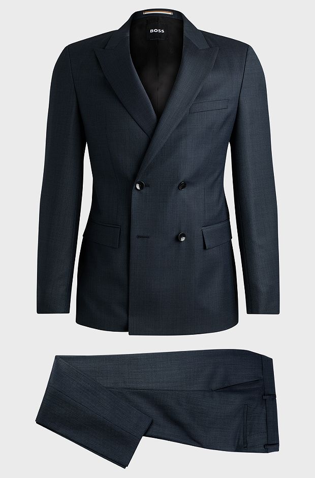 Double-breasted slim-fit suit in micro-patterned wool, Dark Blue