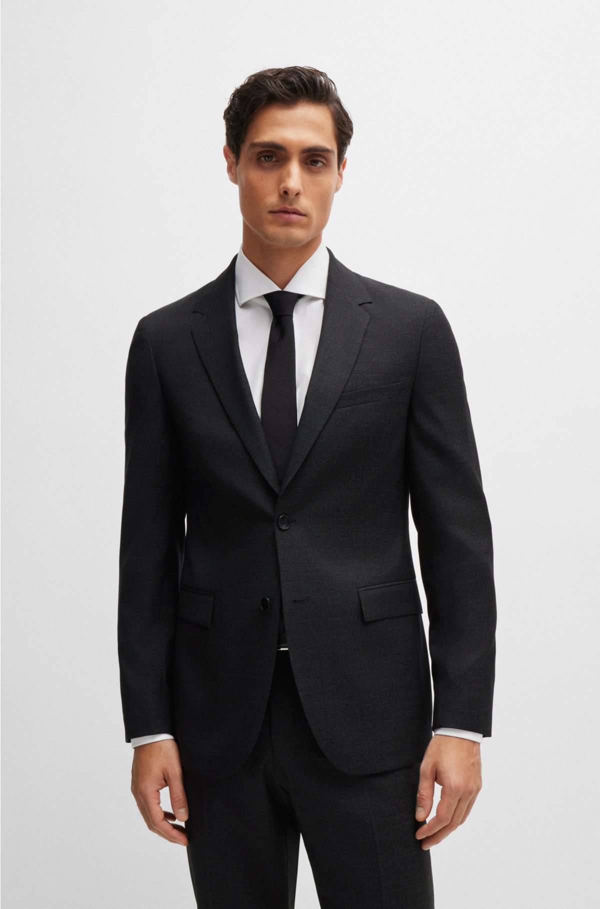 Slim-fit suit in micro-patterned virgin wool, Black