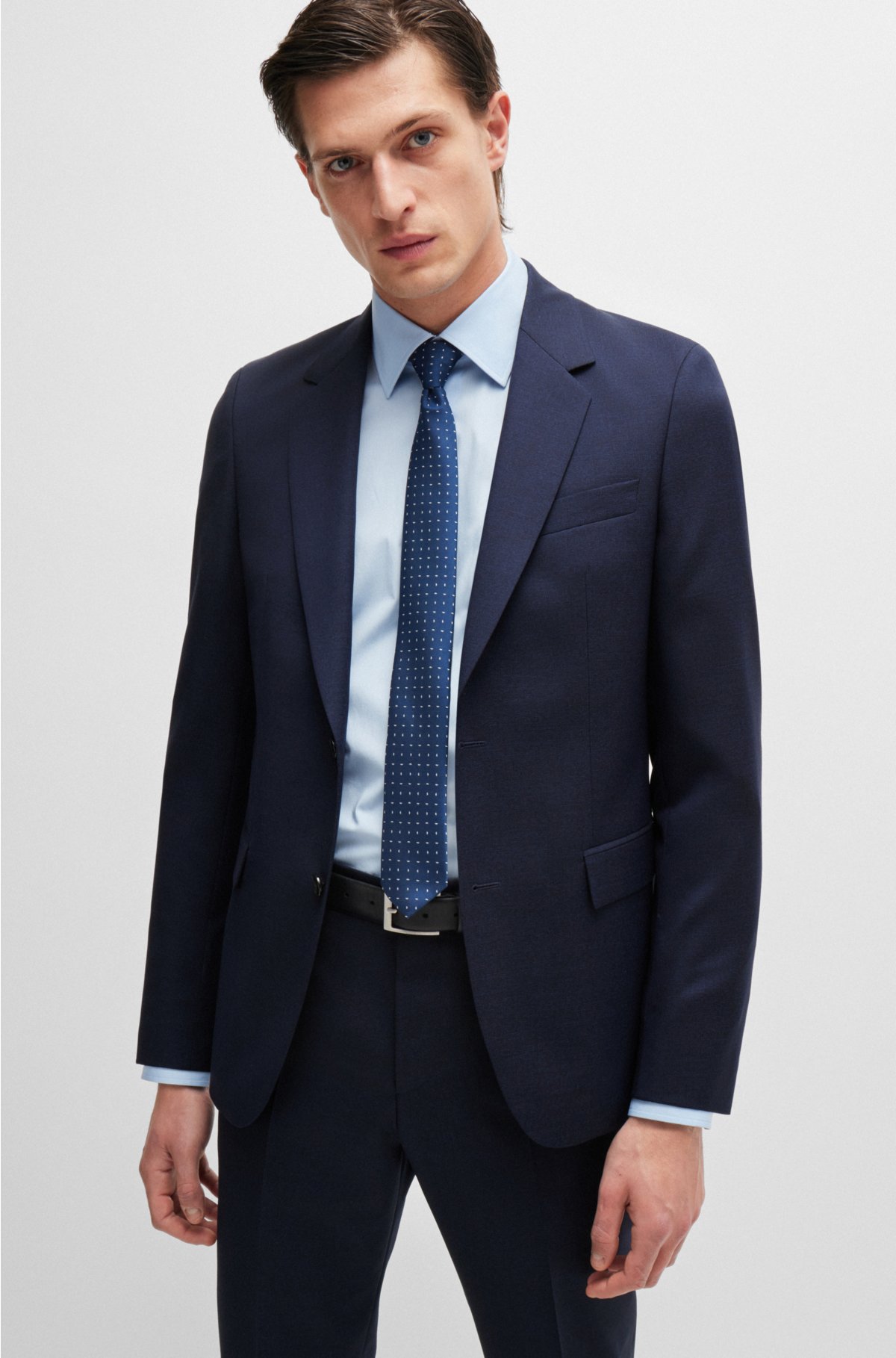 Slim-fit suit in micro-patterned virgin wool, Dark Blue