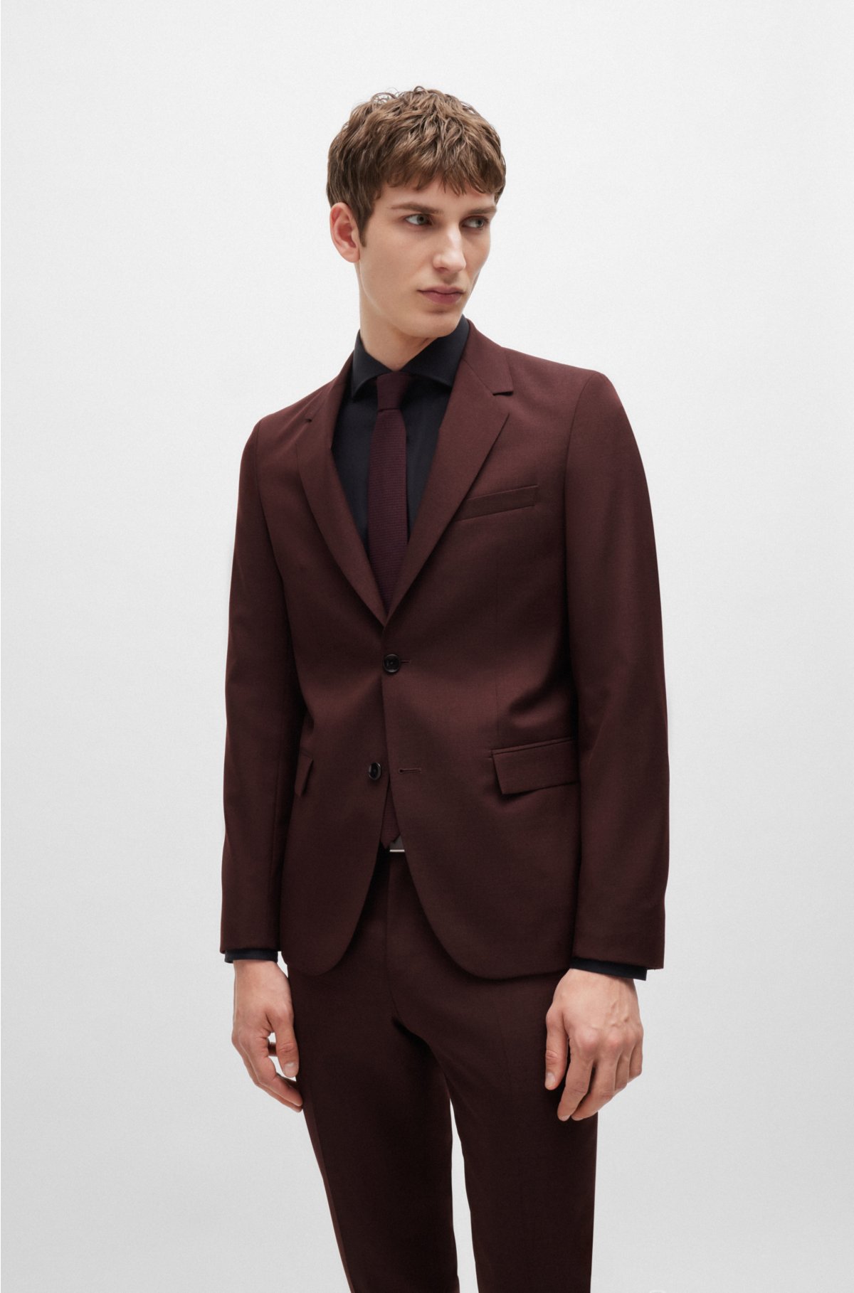 Slim-fit suit in micro-patterned virgin wool, Dark Red