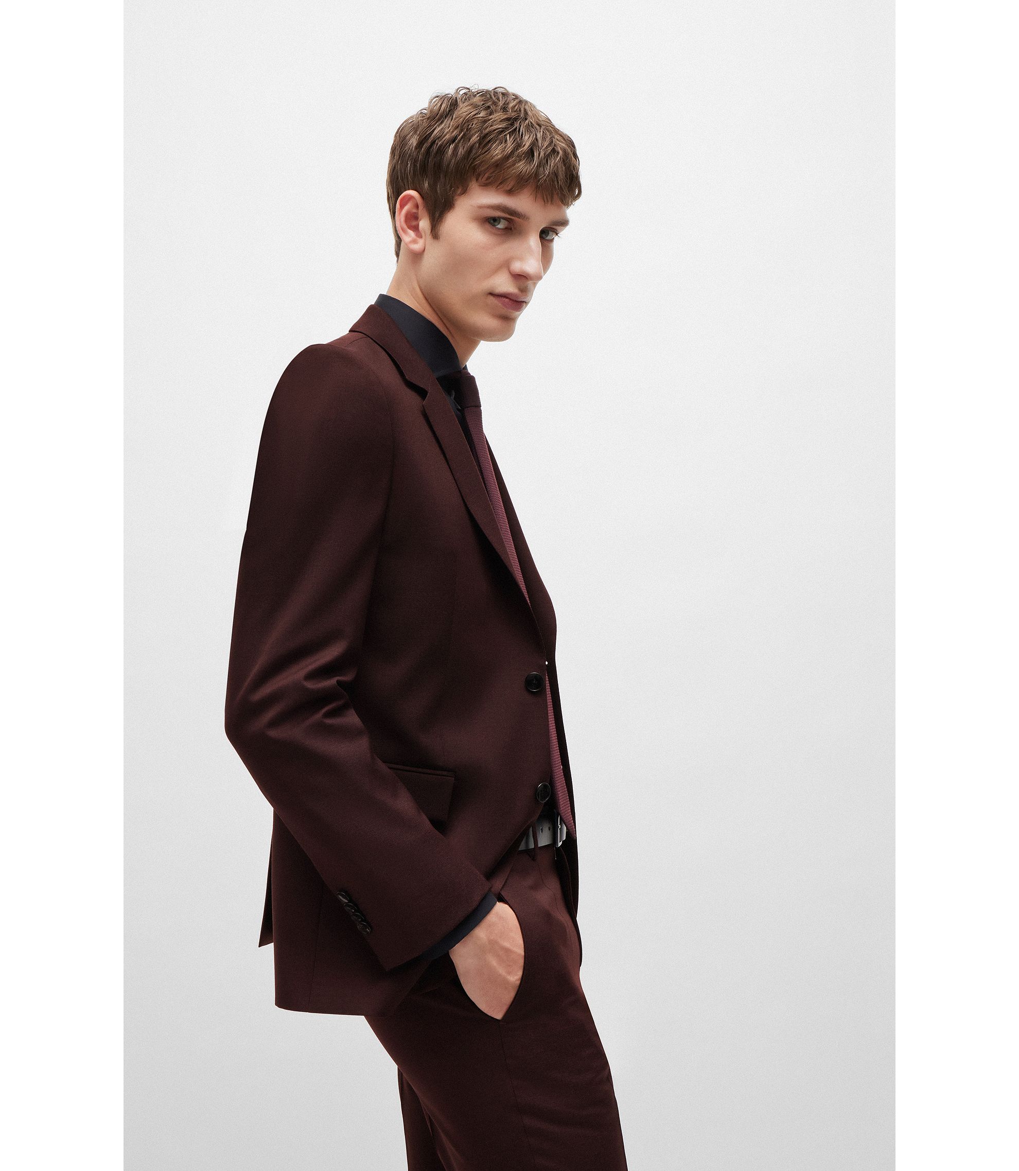 BOSS - Slim-fit suit in micro-patterned virgin wool - Dark Red BOSS - Slim-fit suit in micro-patterned virgin wool - Dark Red