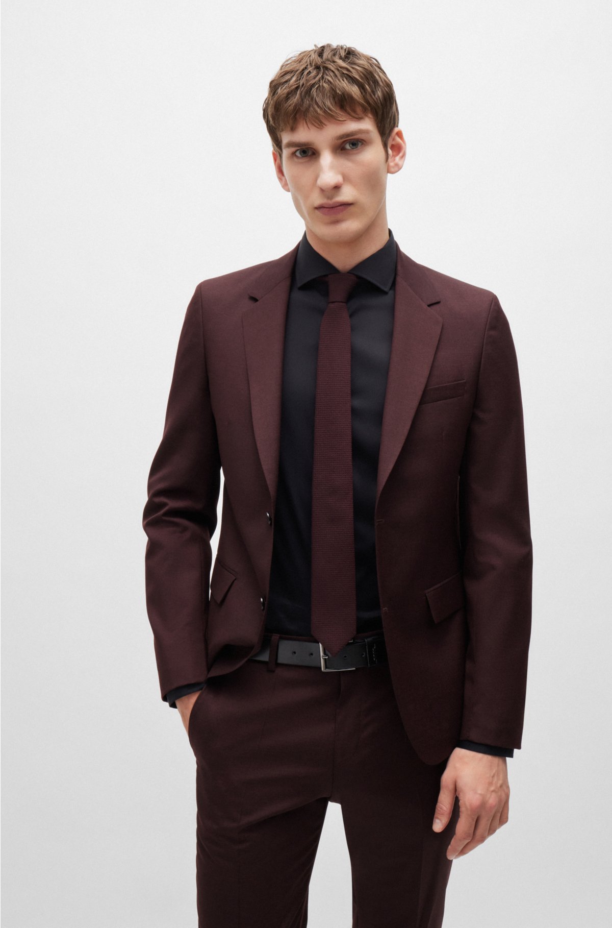 Slim-fit suit in micro-patterned virgin wool, Dark Red