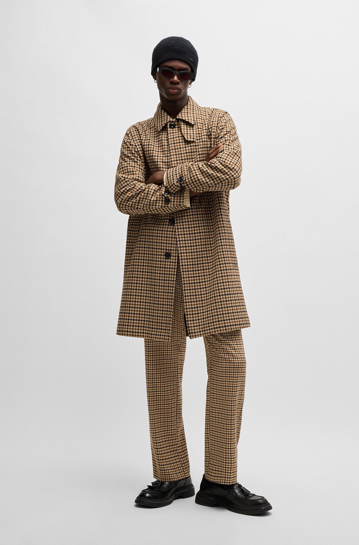 HUGO - Houndstooth-check coat with concealed closure - Brown HUGO - Houndstooth-check coat with concealed closure - Brown