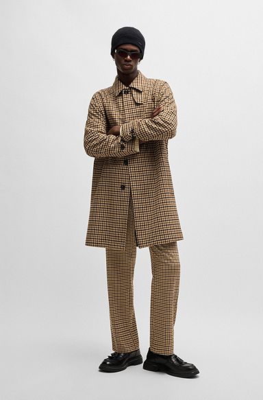 Houndstooth-check regular-fit coat with concealed closure, Brown Patterned