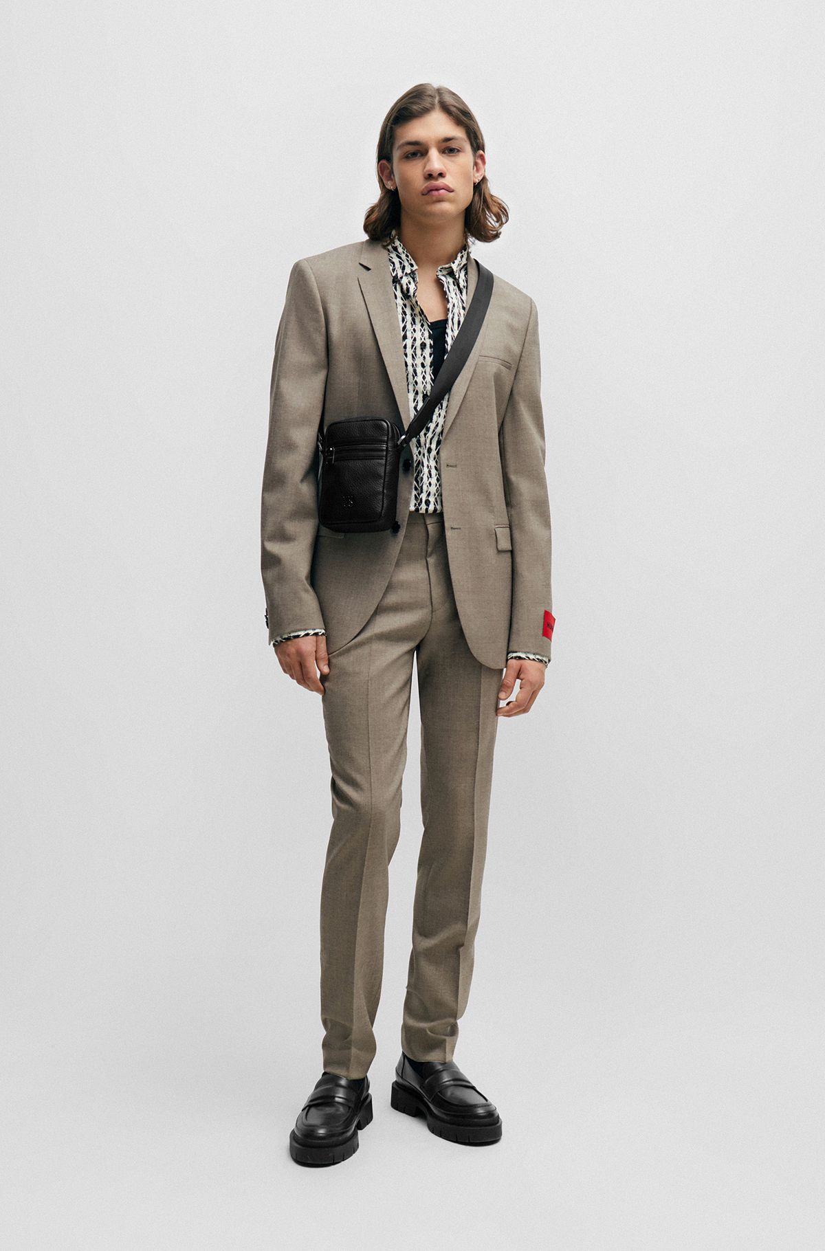Extra Slim-Fit Anzug aus gemustertem Woll-Mix mit Canvas-Struktur, Hellbeige