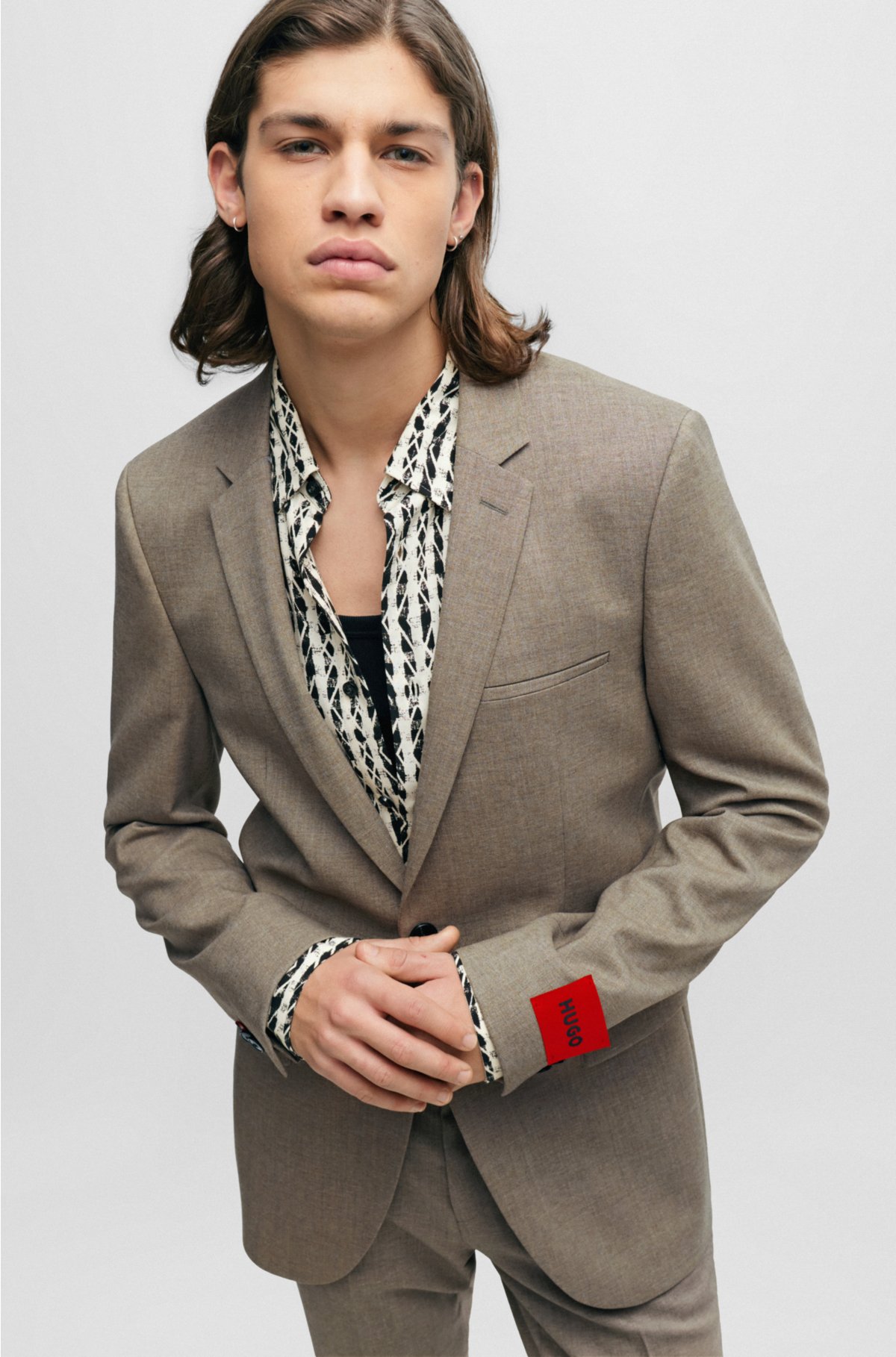 Extra-slim-fit suit in patterned wool-blend canvas, Light Beige