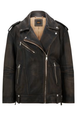 BOSS Zip up leather jacket with signature lining Dark Brown