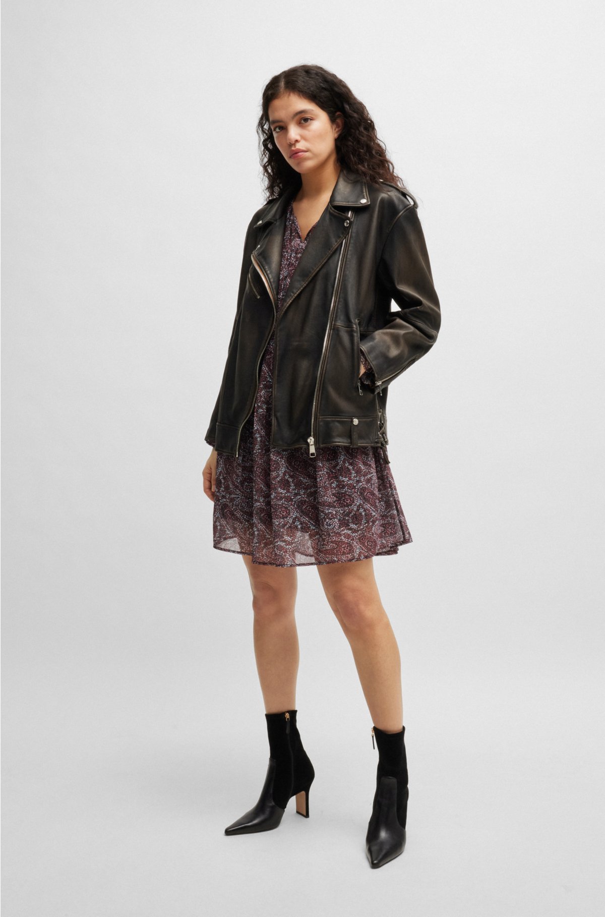 Zip-up leather jacket with signature lining, Dark Brown