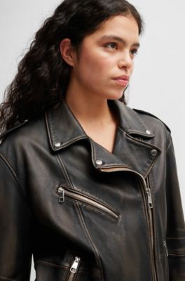 Zip-up leather jacket with signature lining, Dark Brown