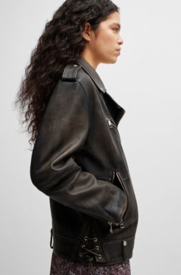 Zip-up leather jacket with signature lining, Dark Brown