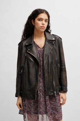 Zip-up leather jacket with signature lining, Dark Brown