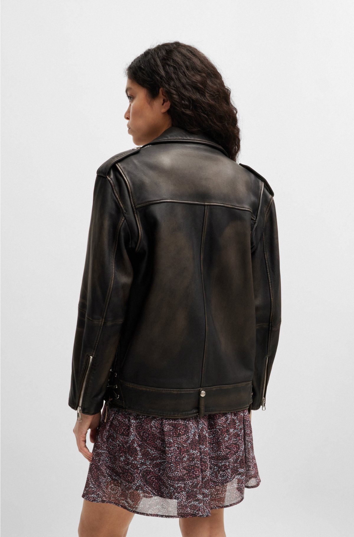 Zip-up leather jacket with signature lining, Dark Brown