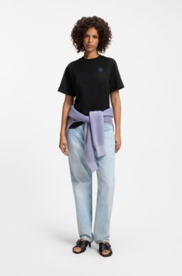 Cotton-jersey T-shirt with Happy HUGO logo, Black