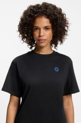 Cotton-jersey T-shirt with Happy HUGO logo, Black