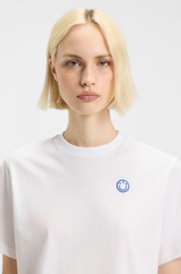 コットンジャージー Tシャツ Happy HUGOロゴ, ホワイト