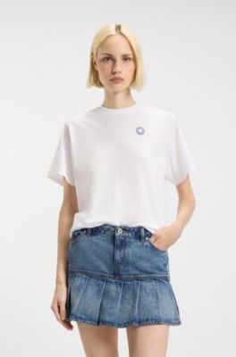 コットンジャージー Tシャツ Happy HUGOロゴ, ホワイト
