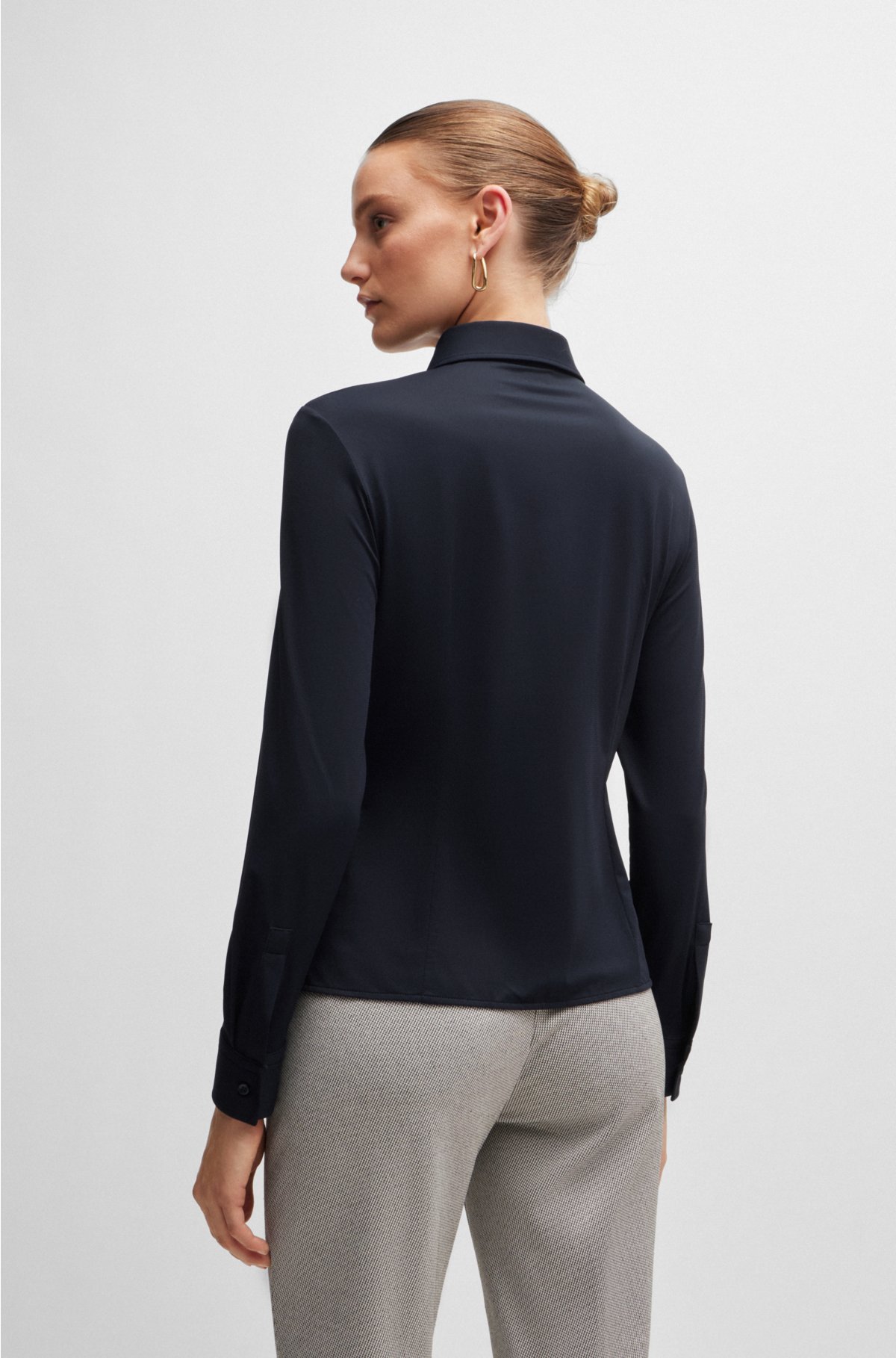 Extra-slim-fit blouse in Italian performance-stretch dobby, Dark Blue